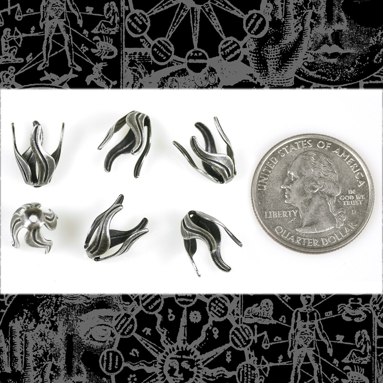 Antiqued Silver Plated Brass 8mm x 12mm Long Leaf Bead Caps -Set of Six - S-BC40